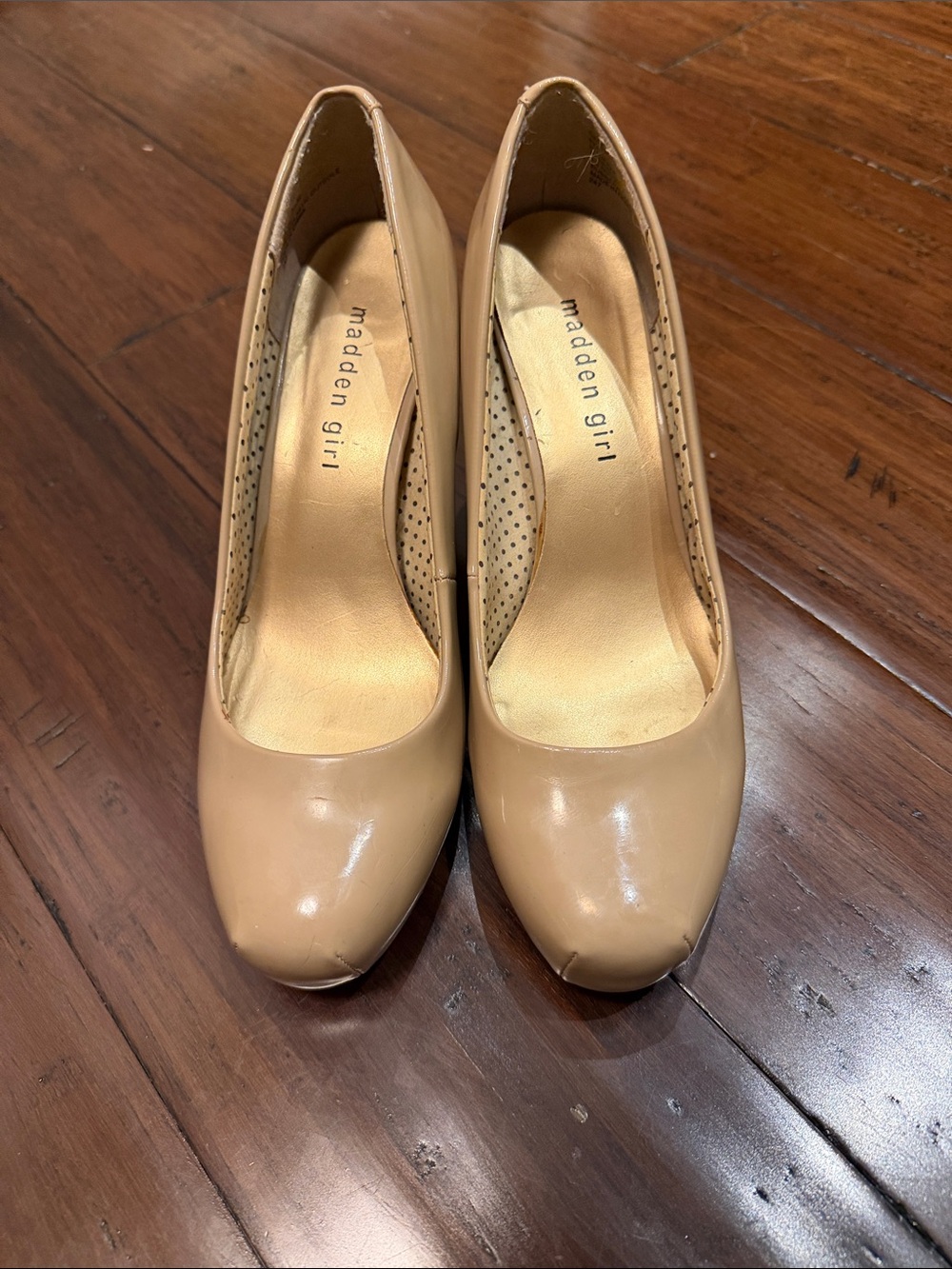 Madden Girl Beige Patent Round-Toe Pumps